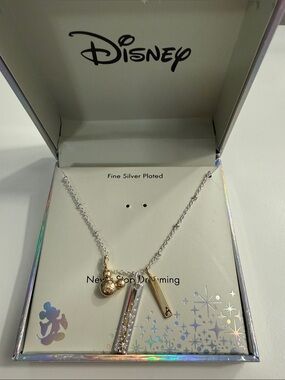 Disney Silver-Plated Necklace with Gold Mickey Charm and Clear Crystal Bar